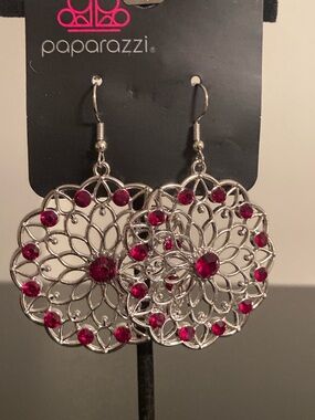 Paparazzi Silver Filigree Dangle Earrings with Fuchsia Rhinestones